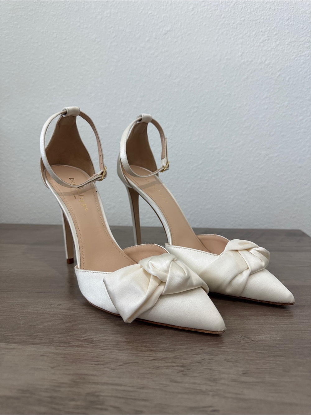 Ivory Pointed-Toe Ankle-Strap Heels with Knotted Bow